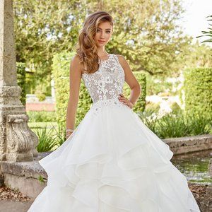 SAMPLE Mon Cheri, New Sheer Bodice Sexy Wedding Dress Ruffle Ballgown